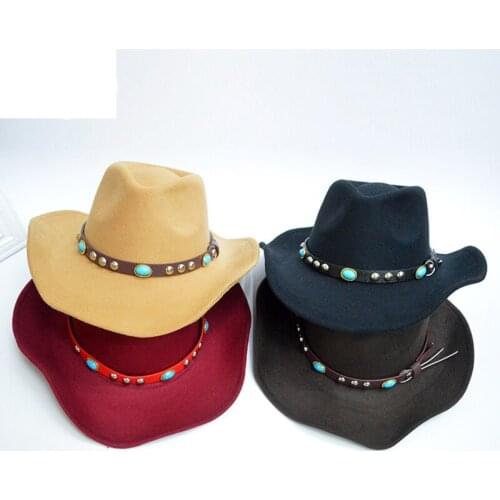 Autumn Winter Unisex Woolen Western Cowboy Hats with Jewel Belt Buckle Fashion Wide Brim Fedoras Hats Caps for Men Women