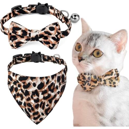 Bowtie Cat Collars Leopard Breakaway with Bell Adjustable Pet Bandana Sets Safety Buckle Kitten Collar for Puppy and Small Dogs