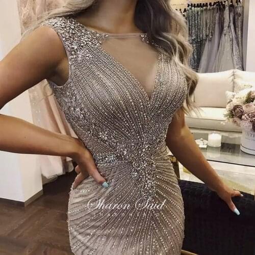 Luxury Beaded Mermaid Silver Evening Dress Long Dubai Women Formal Party Gowns Wedding Arabic Wine Red Prom Dresses 2021 Elegant