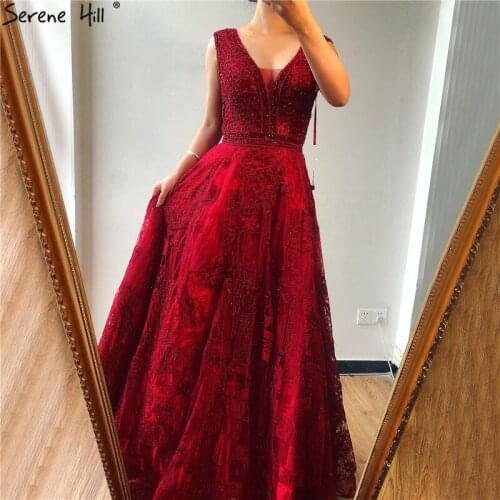 Wine Red Dubai Design A-Line Evening Dresses 2020 Crystal Sleeveless Luxury Formal Dress Long Real Photo Serene Hill DLA60839