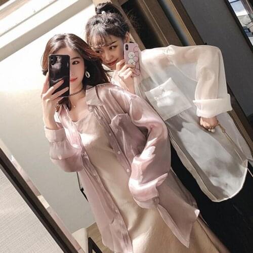 Plus Size Women Fashion Shirt Oversized Long Blouse Transparent Silky Glossy Sunscreen Ladies Blouse Summer Tops Chemise Blusa