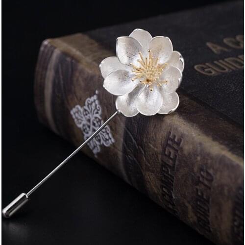 Real 925 Sterling Silver Golden Lotus Flower Brooch For Women Men Chinese Elegant Brooches High Quality Handmade Jewelry