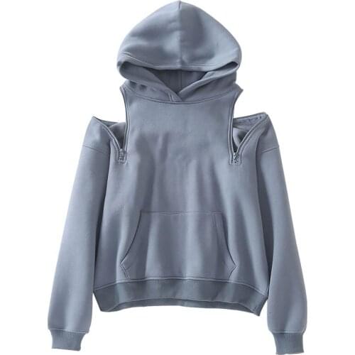 SeeBeautiful New Fashion 2020 Autumn Hooded Long Sleeve Pocket Zipper Expose Shoulder Warm Loose Sweatshirt Woman Tide Q582