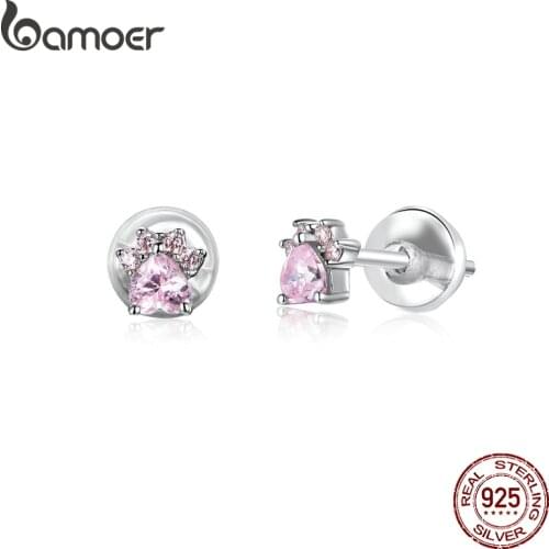 Bamoer Sterling Silver 925 Jewelry Pink CZ Cat Paw Stud Earrings for Women Cute Anti-allergy Ear Studs for Girl Kids SCE781