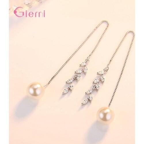 Top Sale New Popular Trend Genuine 925 Sterling Silver Dangle Earrings For Women Leave Shape Tassel With Shiny Pearl Earrings