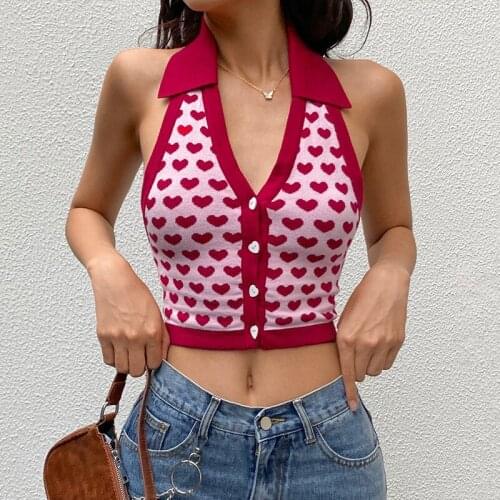 Women Vintage Sexy Streetwear Top Crop Female Knitted Tank Top Halter Love Printed Floral Crop Tank Backless Polo Neck Vest Tops