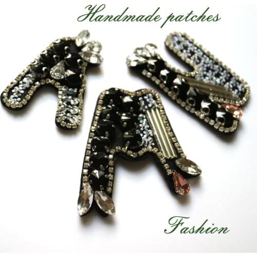 1pc black letter embroidered beaded Patches for Clothing sew on rhinestone parche Appliques Decoration Badge parche