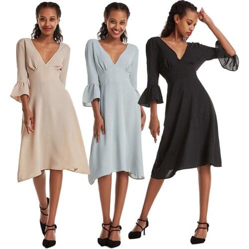 80% HOT SALES !!! Fashion Sexy V Neck Women Summer Bell Sleeve Solid Color Lace Up Party Dress