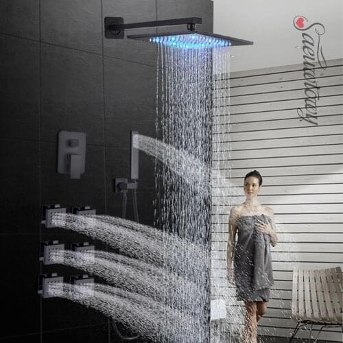 Black Concealed Shower Faucet LED Shower Faucet Set Bathtub Shower Mixer Tap Crane Bathroom Rain Shower Head Back Massage System