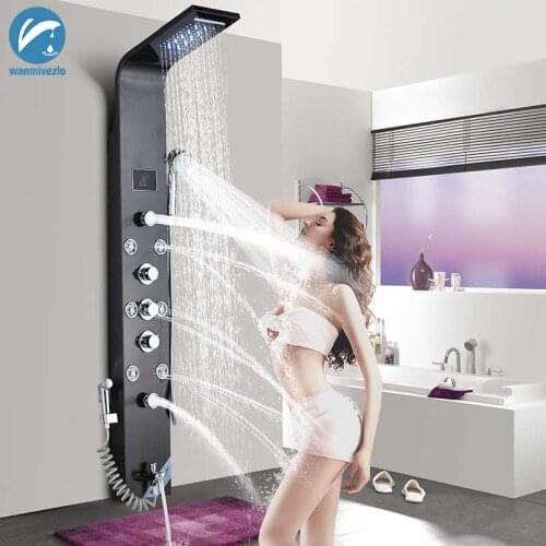 LED Light Shower System Bath Shower Column Black Rain Waterfall Shower Panel Bidet Faucet with Handshower Massage Jets Spout