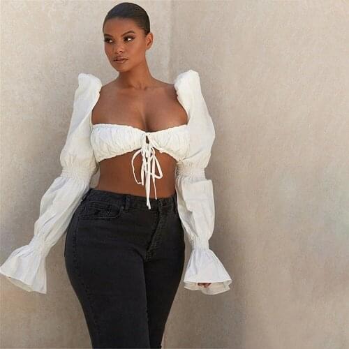 Elegant Hot White Puff Sleeve Tie Front Top Women Blouse Sexy Backless Crop Tops Fashion Blusas White Off Shoulder Top Shirred