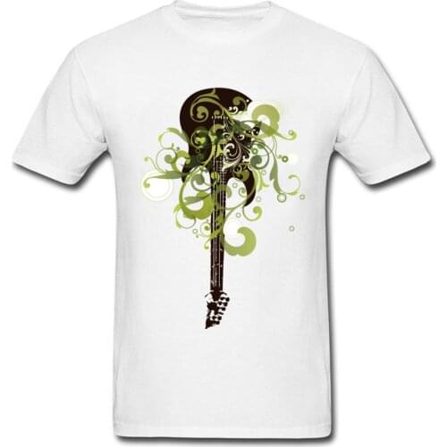 Vintage Guitar Print Men White T-shirt Art Design Green Vines Short Sleeve Male Casual Hip-hop Tee Shirt Cotton Fabric