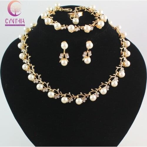 Imitation White Natural pearl Jewelry Sets Rhinestone Ball Necklace Earrings Bracelet Ring Wedding Party Jewelry Sets