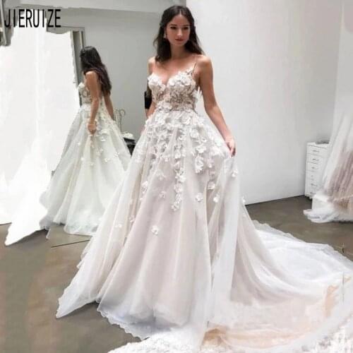 JIERUIZE Charming Boho Wedding Dresses Sheer O Neck 3D Appliques Illusion Back Bridal Gowns Vestidos De Novia Wedding Gowns