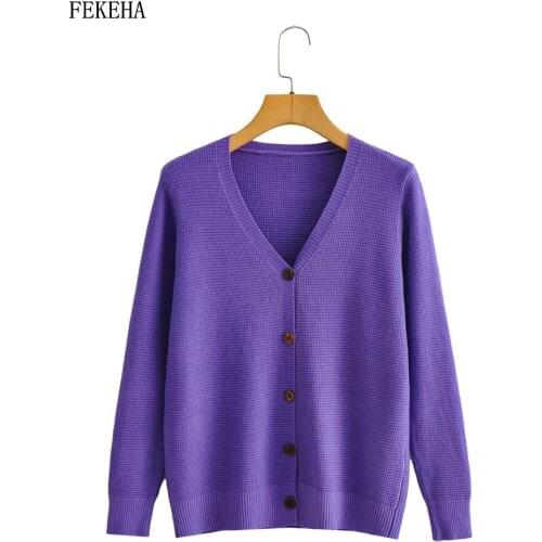 Autumn Cardigan Sweater Women V Neck Purple Jumper Long Sleeve Lady Tops Knitwear Knitted Female Clothes
