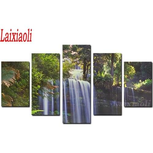 5 Panel diamond embroidery Waterfall Tree Mountain full diamond Painting Landscape Picture for Living Room Decoracion mosaic art