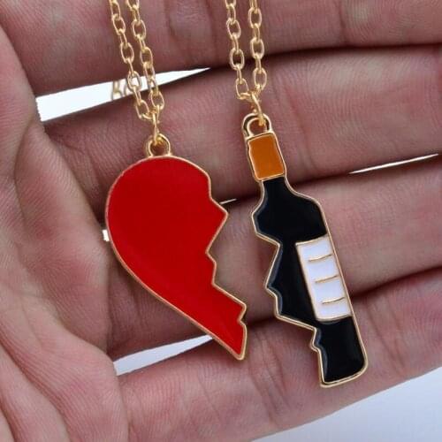 Hot Best Friends Necklace Cracked Heart Shape and Wine Bottle Pendant Necklace For Lovers Couple BFF Friendship Jewelry Gifts