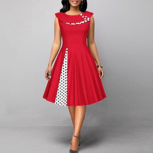 MISSJOY 2020 Summer Dress Women Vintage turn-down collar high waist polka dot Fashion temperament patchwork A-line party Dresses