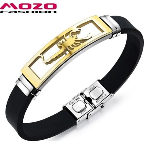 MOZO FASHION Men Charm Bracelet Scorpion Design Stainless Steel Silicone Rubber Wristband Bracelets Trendy Mens Jewelry MPH1085