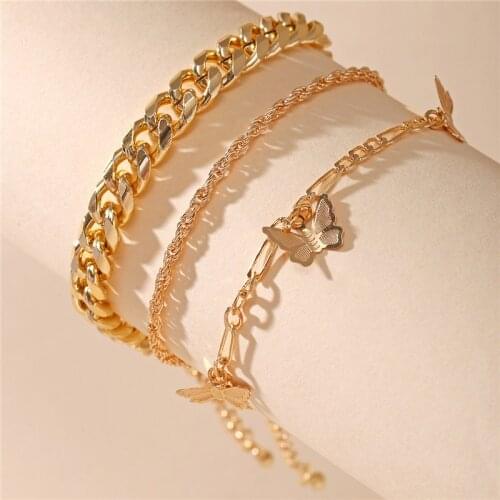 Fashion Multi Layer Butterfly Anklet Set for Women Gold Color Chain Anklets Heart Foot Bracelet Bohemian Beach Anklet Jewelry