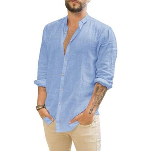 2021 Fashion New Men Shirt Solid Color Buttons Autumn Stand Collar Long Sleeve All Match Shirt for Party Comfortable Plus Size