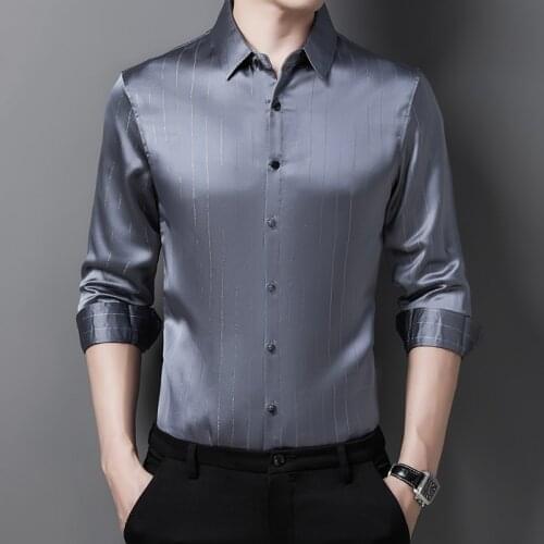 High Quality Mens Silk Shirt Fashion Solid Color Male Long Sleeve Silk Shirt Wedding Social Shirt Mens Clothing