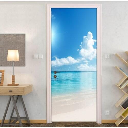 Door Sticker Tools Door Wallpaper Blue Sky White Clouds Sandy Beach Sea View Bedroom Living Room Self-adhesive Home Decoration