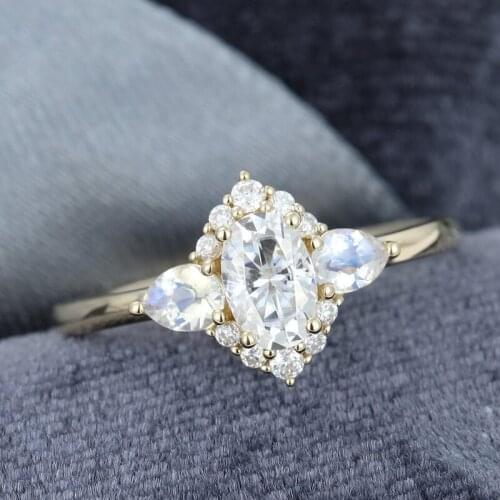 EDI Oval Cut Moissanites Engagement Ring Vintage Unique 14K Gold Pear Cut Moonstone Diamond Cluster Promise Ring Gift