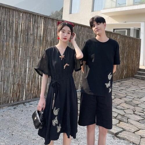 Couples wear summer dress retro embroidery improved cheongsam dress mens T-shirt 607# couples clothes couples clothing