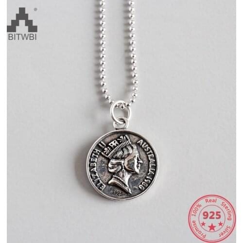 100% Genuine S925 Sterling Silver Retro Old Long Round Dollar Bill Coin Pendant Necklace Sweater Chain