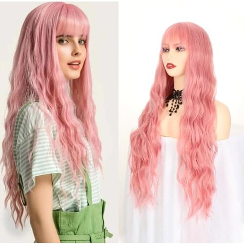 Synthetic Long Curly Wave Wig With Air Bangs 26 Inches Middle Parting Grey Pink Hair Wigs For Women Daily Cosplay Heat Resistant