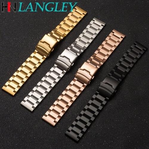 18/19/20/21/22/23/24/25 Mm Watch Band Strap Three Beads Stainless Steel Solid Belt Side Press Folding Buckle Watch Strap