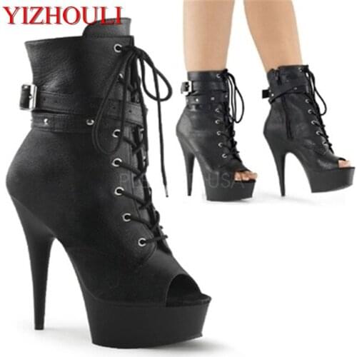 15 cm high boots, sexy steel pipe boots, matte black thin belt fish mouth ankle dance shoes