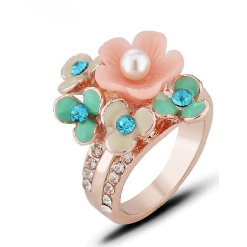 Cute Gold Color Candy Pink Green Flower Shaped Rings for Women Girls Finger Ring Fashion Jewelry