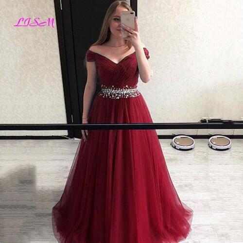 Beaded Tull Evening Dress 2020 Off the Shoulder Elegant Graduation Prom Dress A-Line Long Evening Formal Gowns