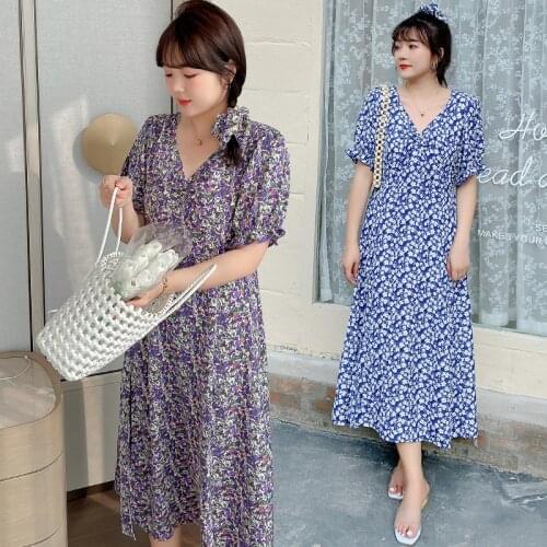 Womens summer V-neck printed chiffon dress plus size calf length casual dress 100kg can be worn