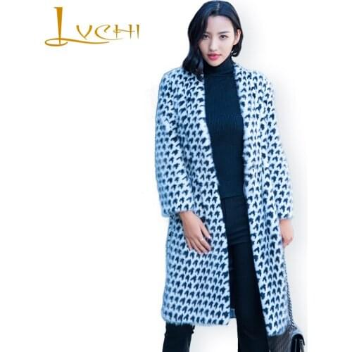 LVCHI Winter 2019 Real Mink Fur Coats Womens V-Neck Nine Quarter Coat Long Full Pelt Causal Tight Waist Pint Pattern Mink Coats