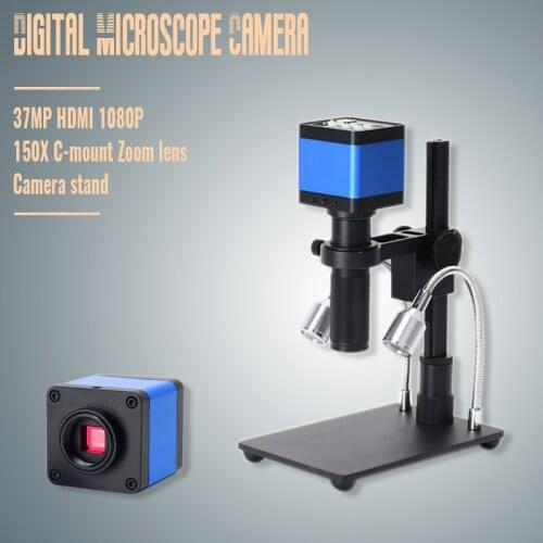 2019 HDMI USB 37MP 1080P TF Video Recorder Microscope Camera + MINI Stand + Zoom 150x C Mount ZoomLens For Lab PCB IC BGA Repair