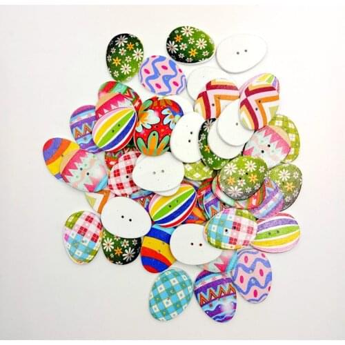 50pcs Wooden Easter Eggs Buttons Eater Bunny Buttons Mixed Cloor with 2 Holes for DIY, Sewing, Scrapbooking, Party Decoration
