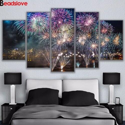 Diy Diamond Painting 5 Panel Fireworks Over The Bay Full Square Round Drill 5D Diamond Embroidery Mosaic Rhinestones