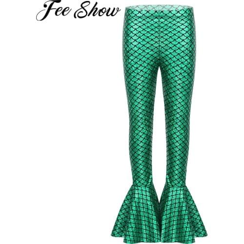 Kids Girls Shiny Fish Scales Printed Leggings Bell Bottoms Flared Pants Mermaid Pants for Halloween Theme Party Dancing