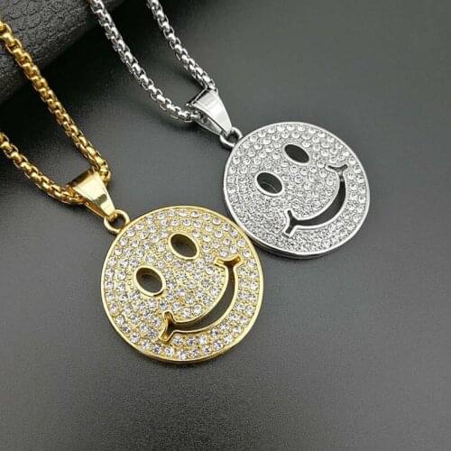 Funmode Hip Hop Creative Shiny Cubic Zircon Smile Face Pendant Necklace For Women Men Jewelry Accessories Gold Link Bijoux FN131