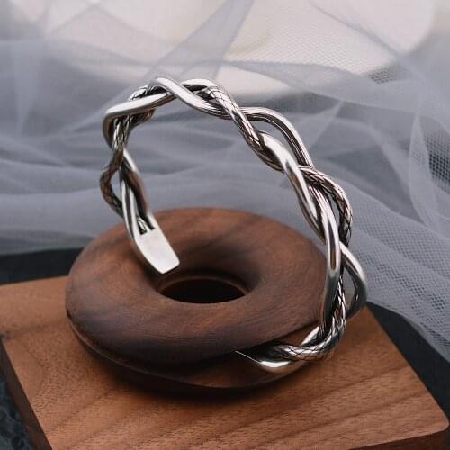 MEYRROYU Sterling Silver Popular Three-layer Woven Hollow Width Bangle Female Fashion Personality Jewelry Double Present Adjust