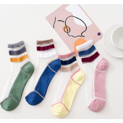 4 Pairs Womens Summer New Style Glass Silk Socks Female Japanese Mid-tube Cotton Bottom Card Silk Stripes Thin Socks