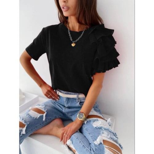 #R5 Solid Color Ruffles Short Sleeve Tshirt Women Elegant Ladies Tops Tee Shirt Femme Vintage T Shirt Korean Style T-shirt Women