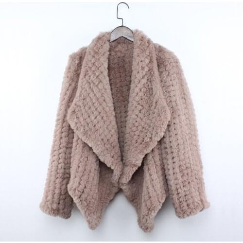 New Women Autumn Winter Real Rabbit Fur Knitted Coat Cardigan Lapel Mid-length Ladies Warmer Outwear Overcoat Blouson Cuir Femme
