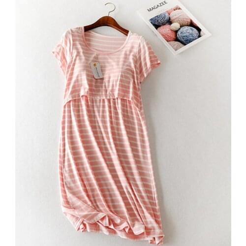New Womens Feeding Sleepwear Maternity Dress Short Sleeve Nursing Baby Breastfeeding Nightdress Pregnancy Dress Stripe Pajamas
