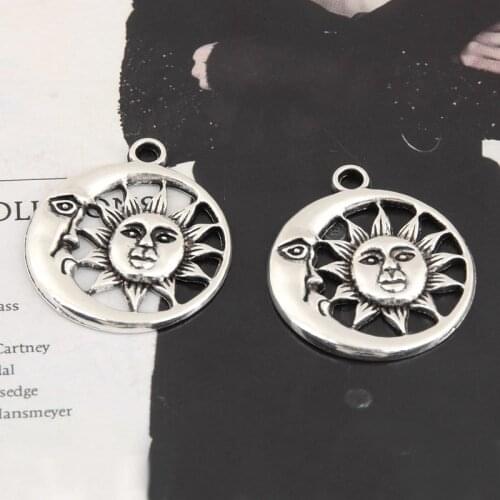 10pcs/lot Silver Color Moon and Sun with Face Charms Nature Pendant DIY Handmade Charms for Jewelry Making 29.5x25.5mm