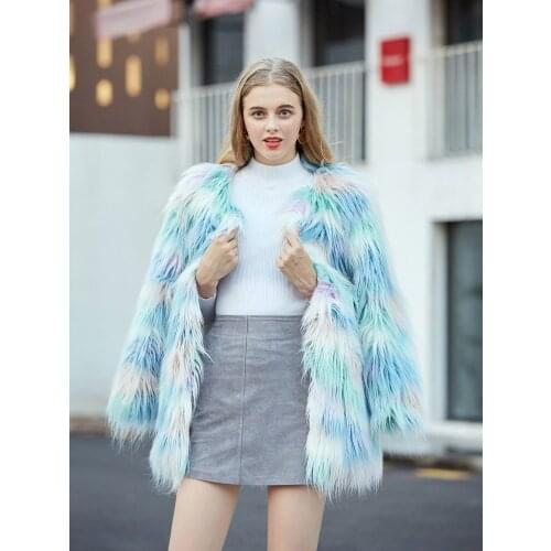 Blue Faux Fur Coat Teddy Bear Women Italian Winter Warm Wear Plush Fluffy Designer Europe America Fashion Plus Size Street
