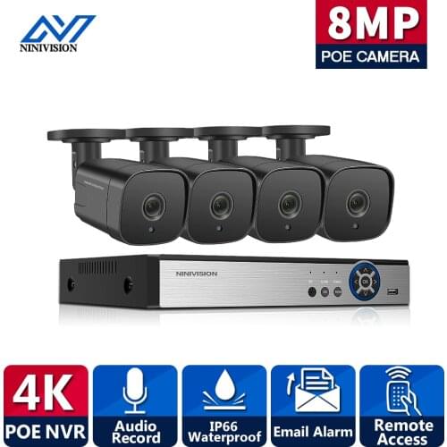 NINIVISION H.265 4CH 8MP 4K CCTV System POE NVR Kit Audio Waterproof Metal IP Camera Bullet Home Security Camera System